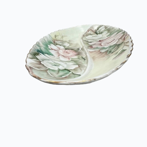 HAND PAINTED FLORAL PORCELAIN DIVIDED OVAL RELISH DISH - VINTAGE 1960s - Picture 8 of 16